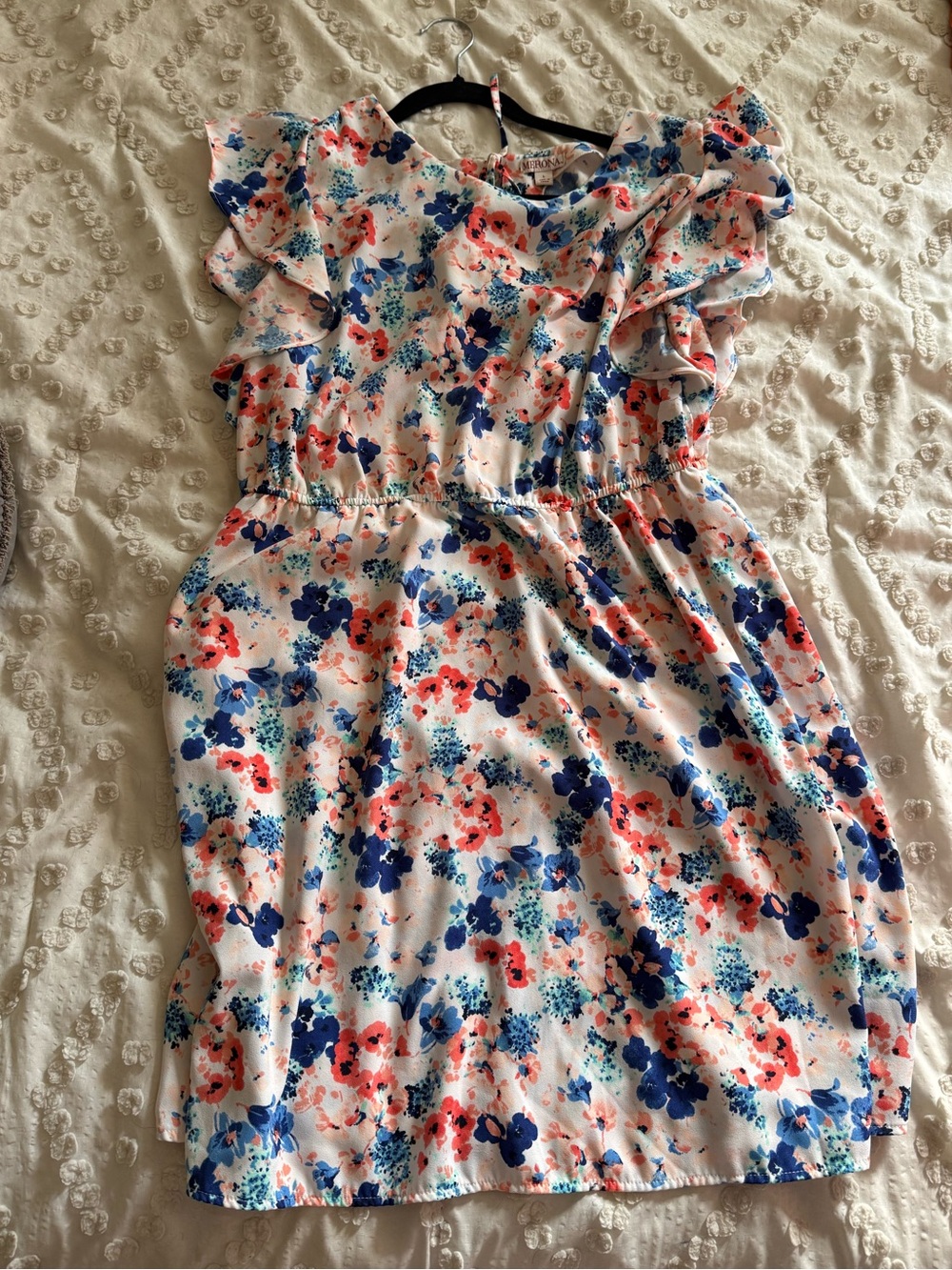 Merona White Floral Ruffle Sleeve Dress with Blue and Pink Prints